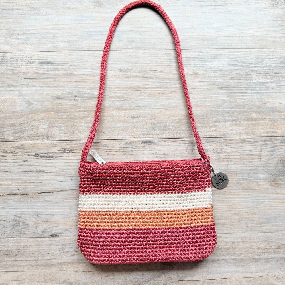 The Sak Crochet Knit Striped Shoulder Bag Y2K Boho Pink Sunset Mini Hobo Purse